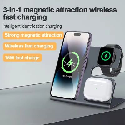 15W Magnetic Wireless Charger 3 In 1 Wireless Charging Stand Cell Phone Charger Fast Charging Short Circuit Protection